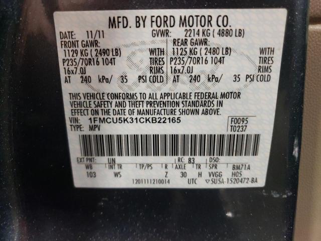 1FMCU5K31CKB22165 - 2012 FORD ESCAPE HYBRID TEAL photo 12