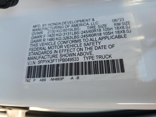 5FPYK3F11PB049533 - 2023 HONDA RIDGELINE SPORT WHITE photo 12