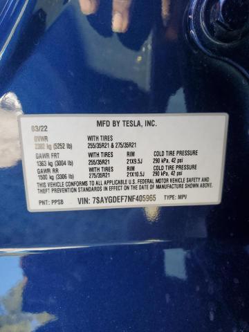 7SAYGDEF7NF405965 - 2022 TESLA MODEL Y BLUE photo 12