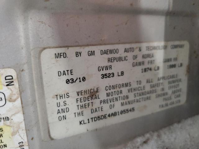 KL1TD5DE4AB105545 - 2010 CHEVROLET AVEO LS Gümüş foto 12