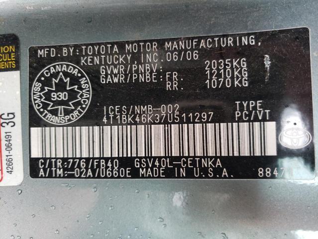 4T1BK46K37U511297 - 2007 TOYOTA CAMRY LE TEAL photo 13