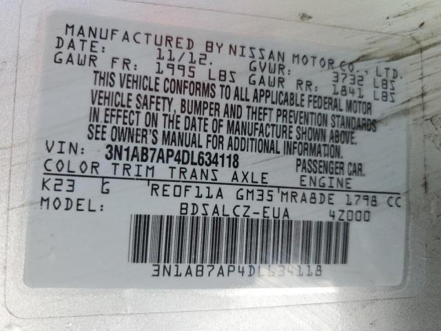 3N1AB7AP4DL634118 - 2013 NISSAN SENTRA S SILVER photo 12