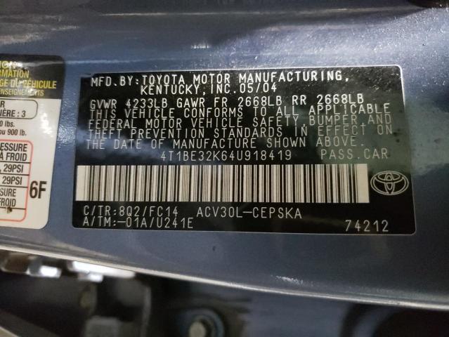 4T1BE32K64U918419 - 2004 TOYOTA CAMRY LE BLUE photo 13