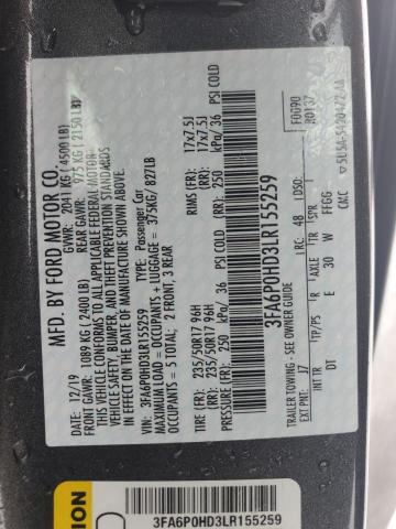 3FA6P0HD3LR155259 - 2020 FORD FUSION SE GRAY photo 12