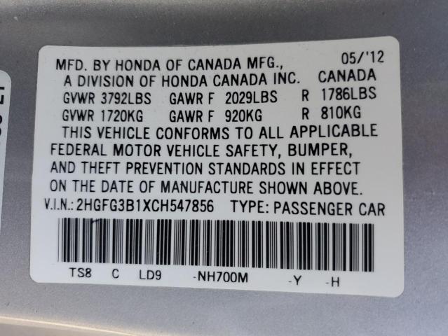 2HGFG3B1XCH547856 - 2012 HONDA CIVIC EXL ვერცხლისფერი ფოტო 12