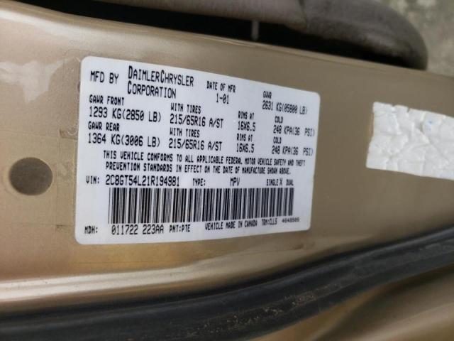 2C8GT54L21R194981 - 2001 CHRYSLER TOWN & COU LXI BEIGE photo 10