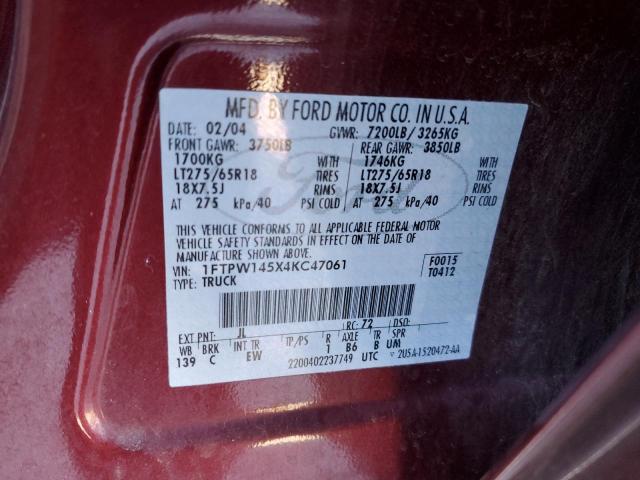 1FTPW145X4KC47061 - 2004 FORD F150 SUPER BURGUNDY photo 12