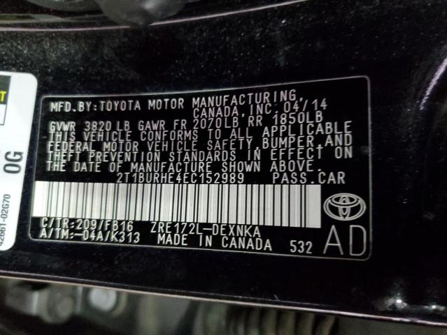 2T1BURHE4EC152989 - 2014 TOYOTA COROLLA L BLACK photo 12