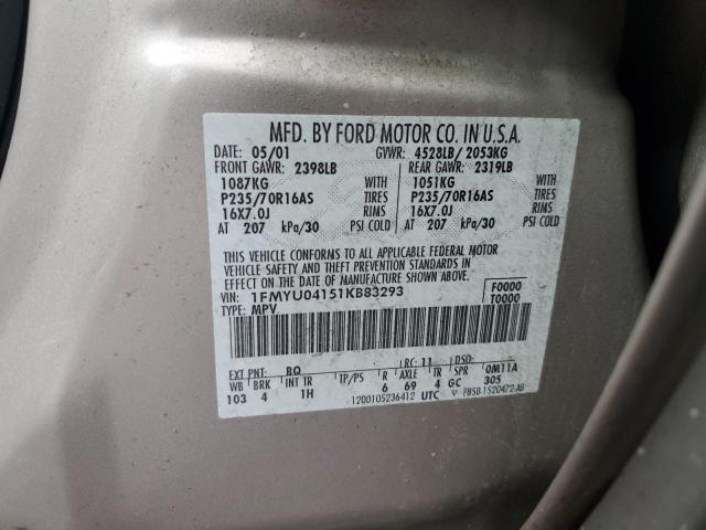 1FMYU04151KB83293 - 2001 FORD ESCAPE XLT GRAY photo 12