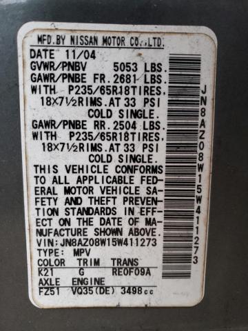 JN8AZ08W15W411273 - 2005 NISSAN MURANO SL GRAY photo 13