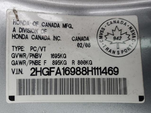 2HGFA16988H111469 - 2008 HONDA CIVIC EXL ვერცხლისფერი ფოტო 12