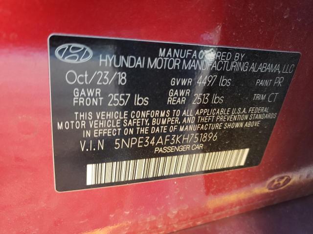 5NPE34AF3KH751896 - 2019 HYUNDAI SONATA LIMITED RED photo 12