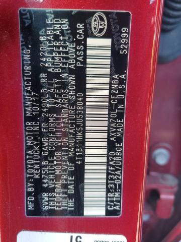 4T1B11HK5JU538040 - 2018 TOYOTA CAMRY L RED photo 12