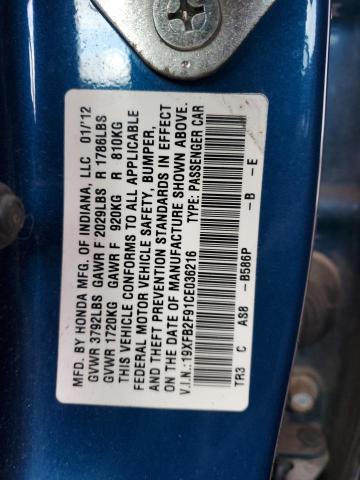 19XFB2F91CE036216 - 2012 HONDA CIVIC EXL BLUE photo 12