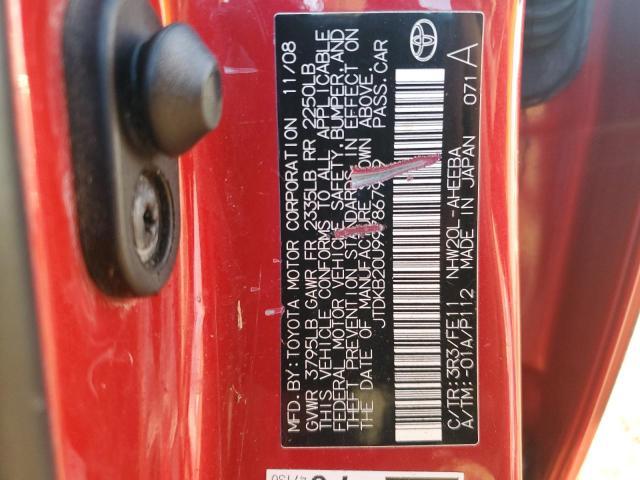 JTDKB20U997867919 - 2009 TOYOTA PRIUS RED photo 12