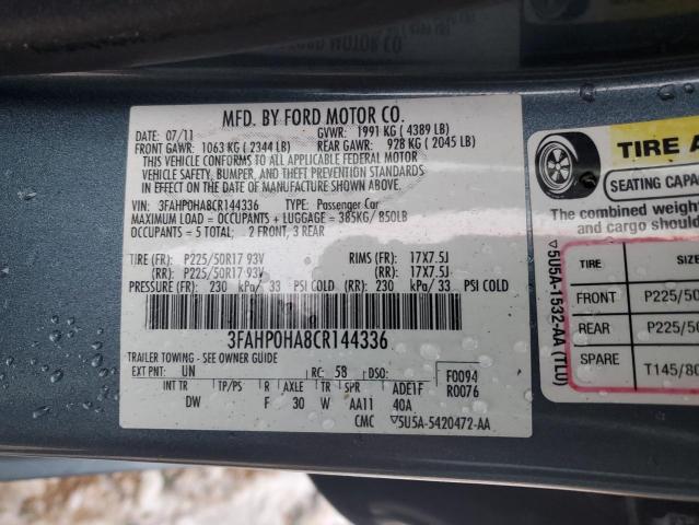 3FAHP0HA8CR144336 - 2012 FORD FUSION SE BLUE photo 13