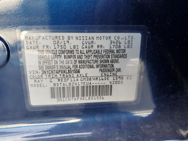 3N1CN7APXKL851556 - 2019 NISSAN VERSA S BLUE photo 12