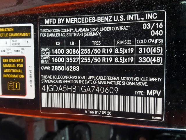 4JGDA5HB1GA740609 - 2016 MERCEDES-BENZ GLE 350 4MATIC  photo 10