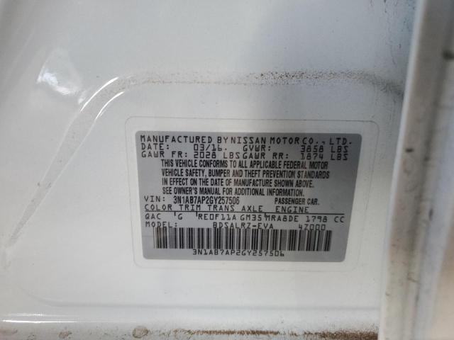 3N1AB7AP2GY257506 - 2016 NISSAN SENTRA S WHITE photo 12