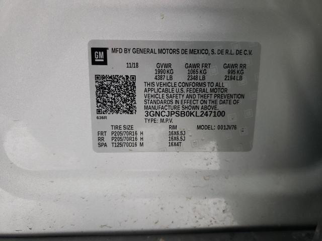 3GNCJPSB0KL247100 - 2019 CHEVROLET TRAX 1LT SILVER photo 13