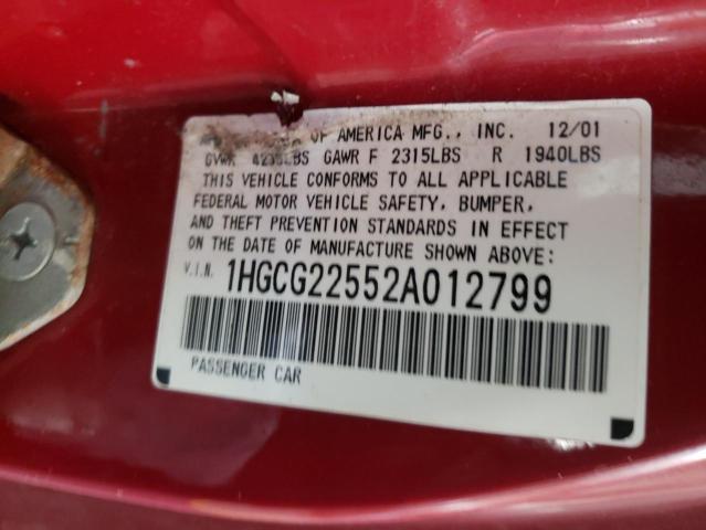 1HGCG22552A012799 - 2002 HONDA ACCORD EX RED photo 12