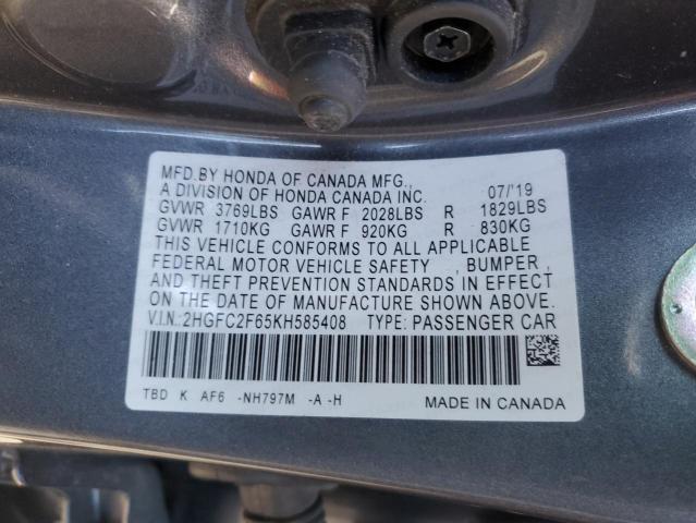 2HGFC2F65KH585408 - 2019 HONDA CIVIC LX GRAY photo 12