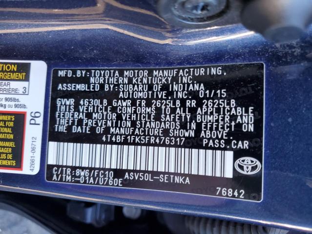 4T4BF1FK5FR476317 - 2015 TOYOTA CAMRY LE BLUE photo 12