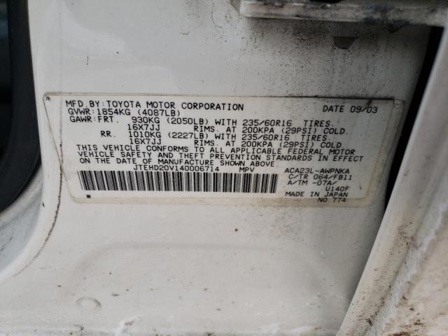 JTEHD20V140006714 - 2004 TOYOTA RAV4 WHITE photo 12