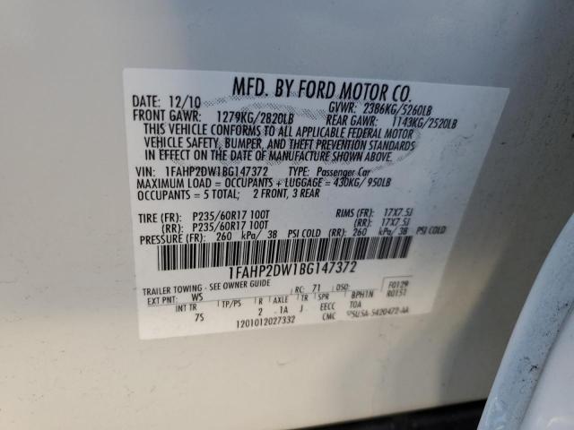 1FAHP2DW1BG147372 - 2011 FORD TAURUS SE WHITE photo 12