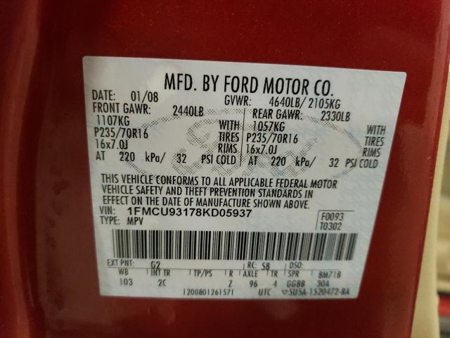 1FMCU93178KD05937 - 2008 FORD ESCAPE XLT BURGUNDY photo 12