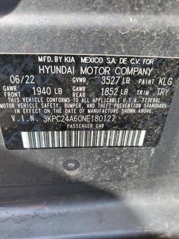 3KPC24A60NE180127 - 2022 HYUNDAI ACCENT SE GRAY photo 12