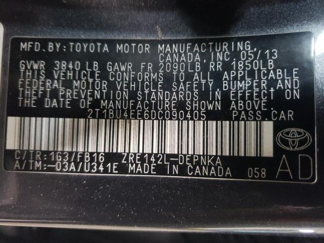 2T1BU4EE6DC090405 - 2013 TOYOTA COROLLA BASE CHARCOAL photo 12