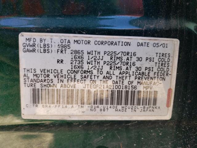 JTEGF21A210018156 - 2001 TOYOTA HIGHLANDER GREEN photo 12