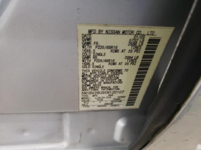 5N1BV28U95N120107 - 2005 NISSAN QUEST S SILVER photo 13