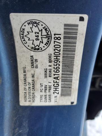 2HGFA16659H020781 - 2009 HONDA CIVIC LX-S 蓝色 照片 12