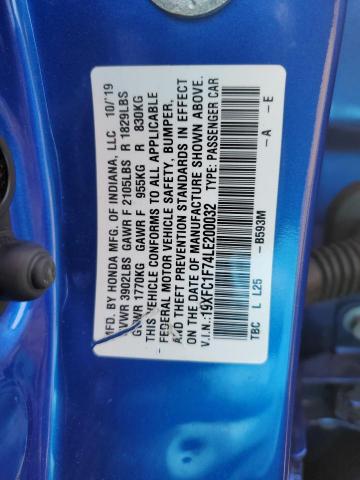 19XFC1F74LE200032 - 2020 HONDA CIVIC EXL ლურჯი ფოტო 12