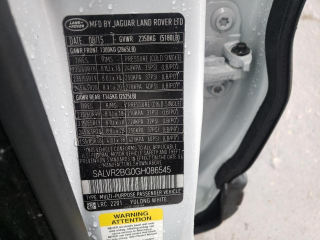 SALVR2BG0GH086545 - 2016 LAND ROVER RANGE ROVE HSE WHITE photo 13