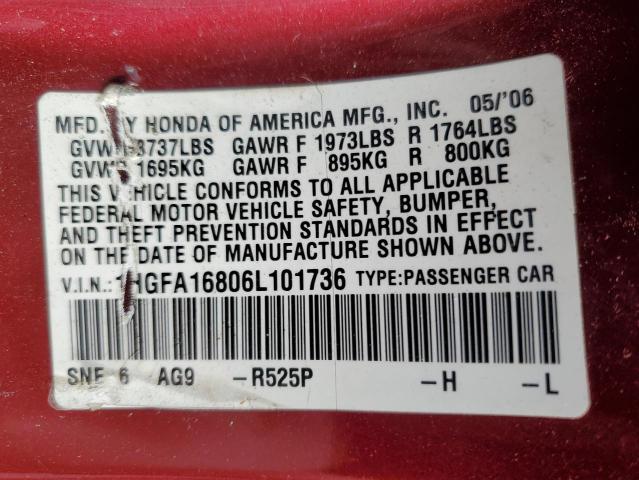 1HGFA16806L101736 - 2006 HONDA CIVIC EX RED photo 12