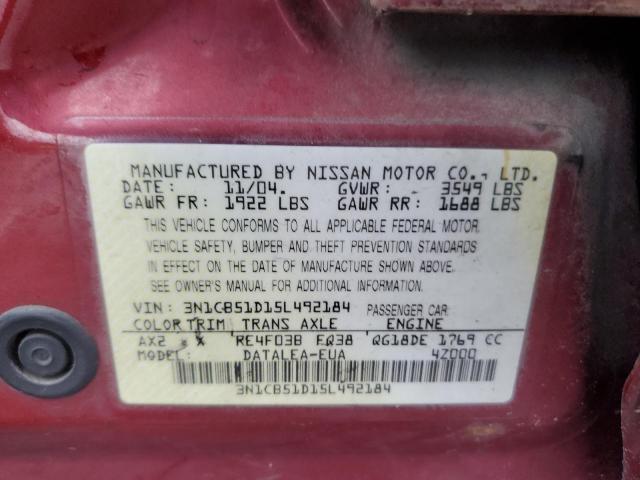 3N1CB51D15L492184 - 2005 NISSAN SENTRA 1.8 RED photo 12