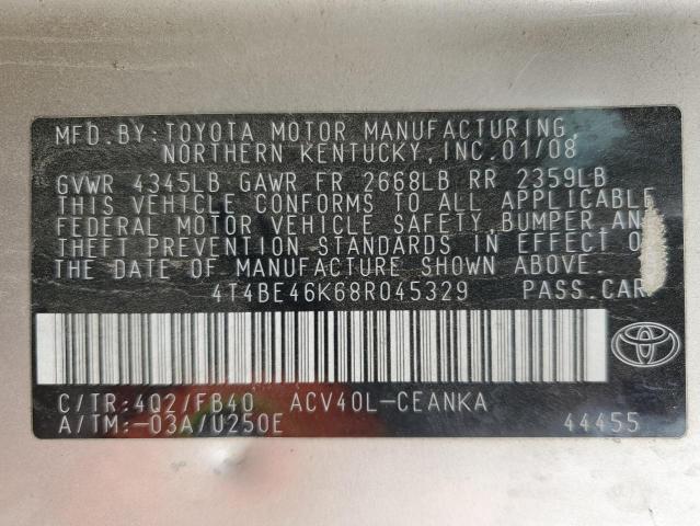 4T4BE46K68R045329 - 2008 TOYOTA CAMRY CE GOLD photo 12