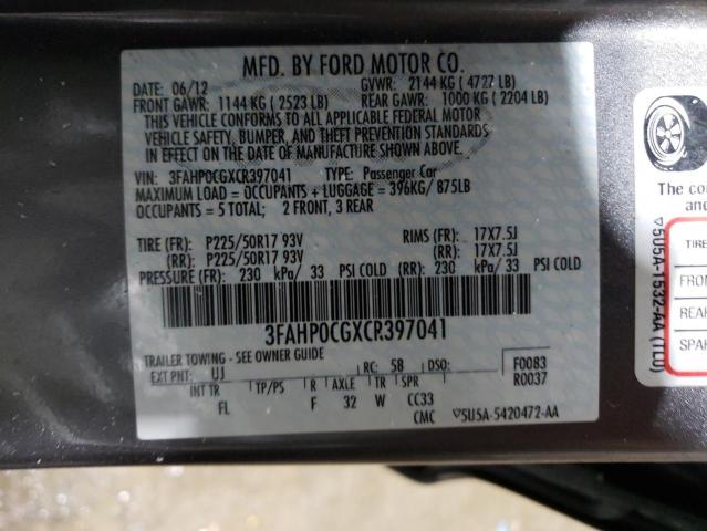 3FAHP0CGXCR397041 - 2012 FORD FUSION SEL GRAY photo 12