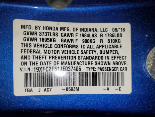 19XFC2F51JE037406 - 2018 HONDA CIVIC LX BLUE photo 12