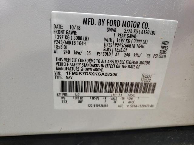 1FM5K7D8XKGA28306 - 2019 FORD EXPLORER XLT WHITE photo 13