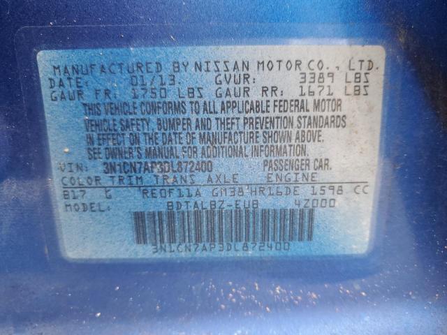 3N1CN7AP3DL872400 - 2013 NISSAN VERSA S BLUE photo 12