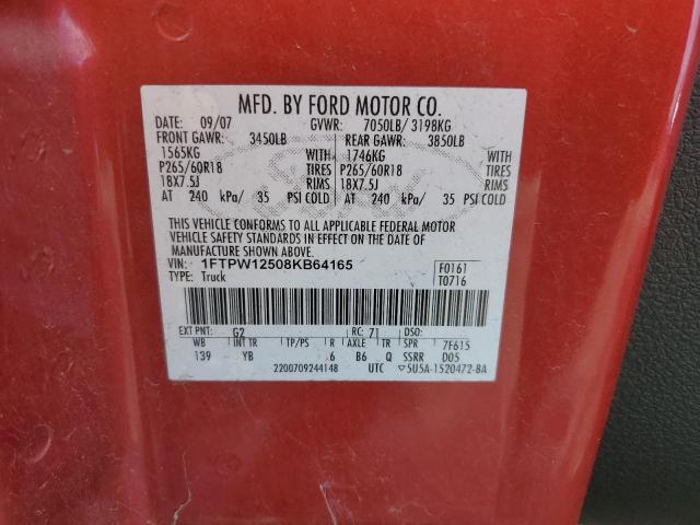 1FTPW12508KB64165 - 2008 FORD F150 SUPERCREW RED photo 12
