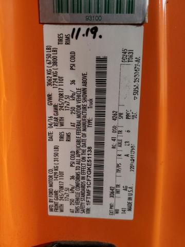 1FTMF1CF7GKE51138 - 2016 FORD F150 ORANGE photo 13