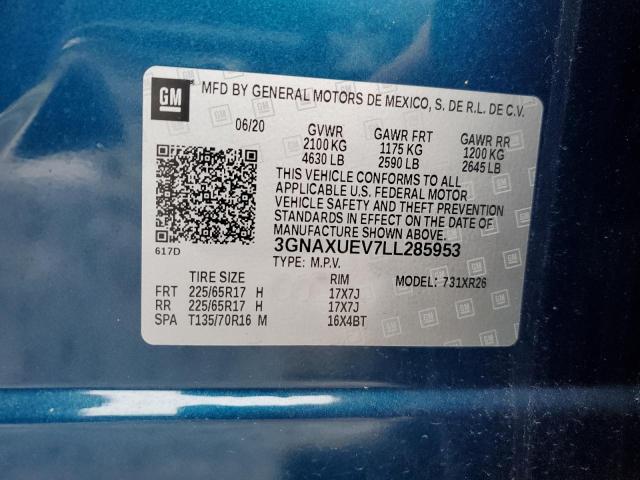 3GNAXUEV7LL285953 - 2020 CHEVROLET EQUINOX LT BLUE photo 12