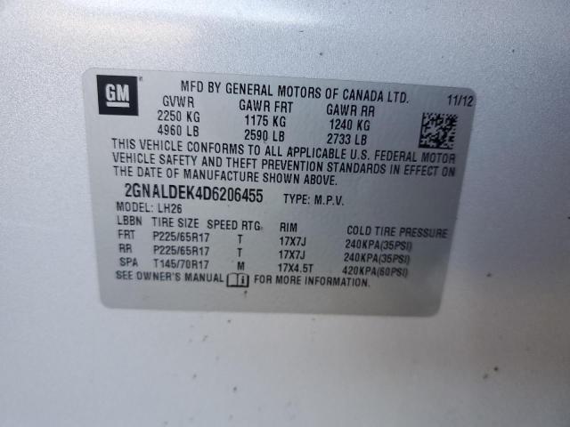 2GNALDEK4D6206455 - 2013 CHEVROLET EQUINOX LT SILVER photo 12