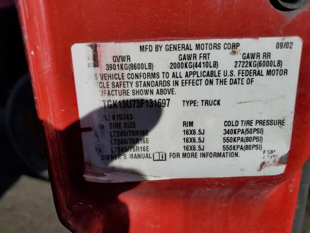 1GTGK13U73F131697 - 2003 GMC SIERRA K1500 HEAVY DUTY RED photo 12