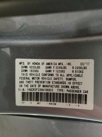 1HGCR2F33HA188603 - 2017 HONDA ACCORD LX SILVER photo 12